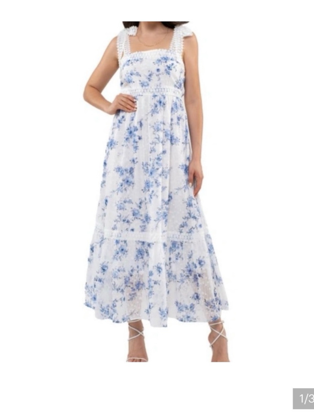 White & Blue Floral Maxi Dress - Sleeveless Square Neck